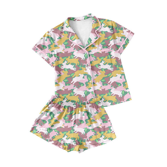 MOQ 5 PCS preorder GSSO2973 Adult Female Easter Bunny Camouflage Polo Button Short Sleeve Shorts Pajama Set 202511
