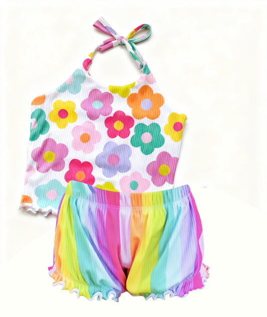 MOQ 5 PCS Preorder GSSO2974 Colored Flower Halter Stripe Shorts Girls Sets 202511
