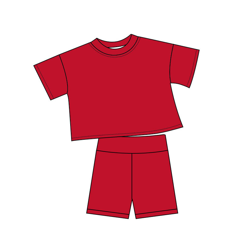 MOQ 5 PCS Preorder GSSO2977 Solid Red Short Sleeve Shorts Girls Sets 202511