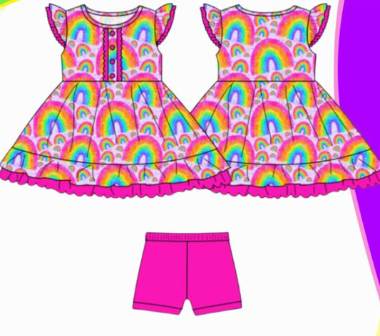 MOQ 5 PCS Preorder GSSO2985 Rainbow Rose Red Flying Sleeve Shorts Girls Sets 202512
