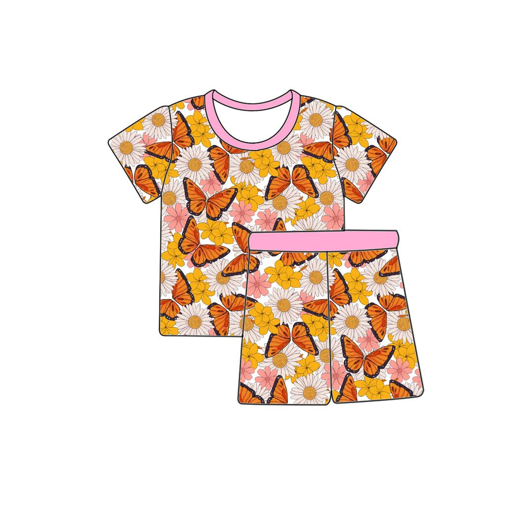 MOQ 5 PCS Preorder GSSO2988 Flower Butterfly Short Sleeve Shorts Girls Sets 202512