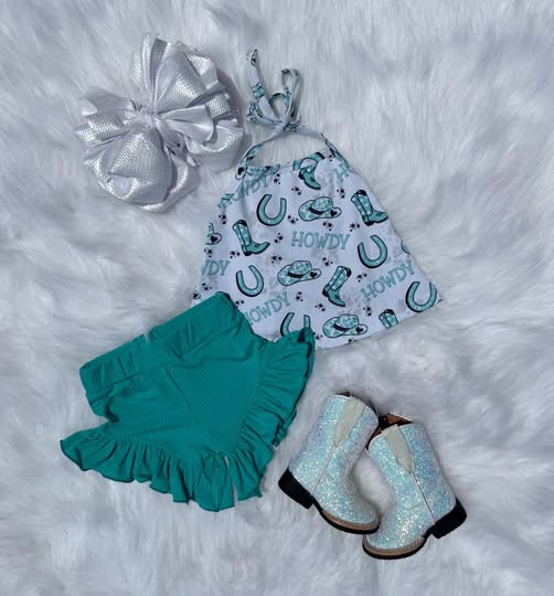 MOQ 5 PCS Preorder GSSO2989 Howdy Cowgirl Halter Blue Green Ruffle Shorts Girls Sets 202512