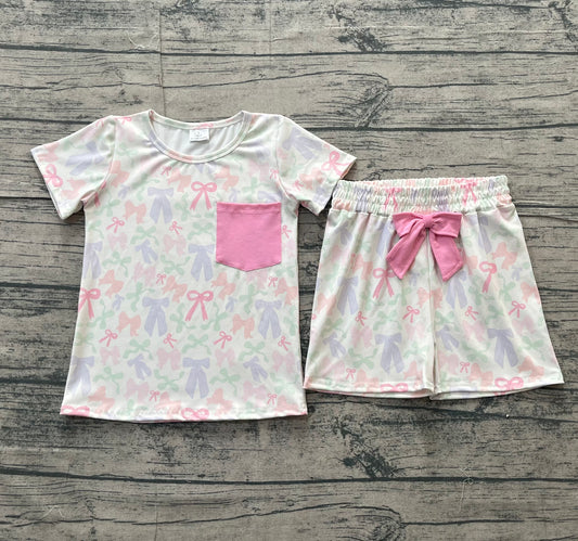 NO MOQ Preorder GSSO2990 Colored Bows Pink Pocket Short Sleeve Shorts Girls Sets 202512