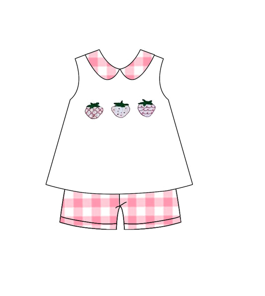 MOQ 5 PCS Preorder GSSO2992 Strawberry Pink Plaid Doll Collar Sleeveless Shorts Girls Sets 202512