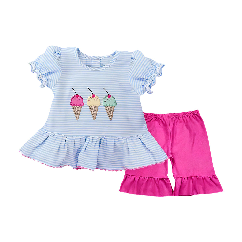 MOQ 5 PCS Preorder GSSO2995 Ice Cream Blue Stripe Ruffle Short Sleeve Shorts Girls Sets 202512
