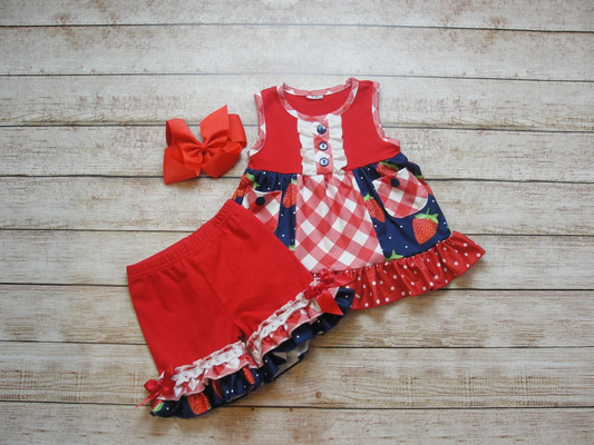 MOQ 5 PCS Preorder GSSO2997 Strawberry Red Dots Ruffle Sleeveless Shorts Girls Sets 202512