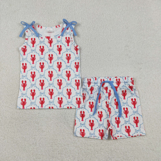 GSSO3005 Crayfish Bows Blue White Sleeveless Shorts Girls Sets 202601 RTS