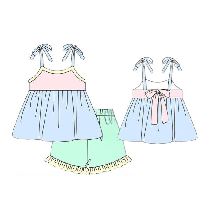 MOQ 5 PCS Preorder GSSO3006 Pink Yellow Blue Patchwork Halter Ruffle Shorts Girls Sets 202512