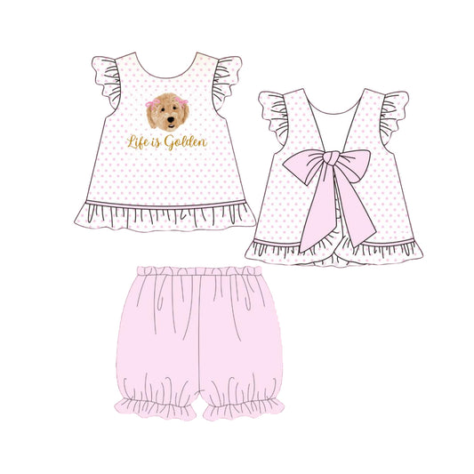 MOQ 5 PCS Preorder GSSO3007 Life is Golden Puppy Dots Pink Bows Flying Sleeve Shorts Girls Sets 202512