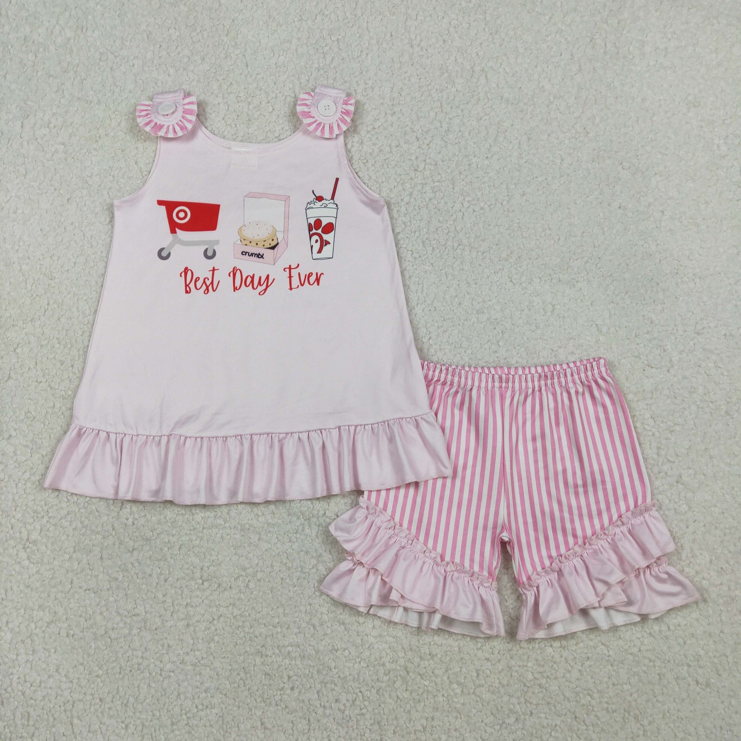 GSSO3008 Best Day Ever Pink Sleeveless Stripe Shorts Girls Sets 202601 RTS