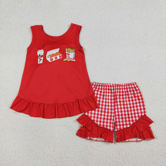 GSSO3009 Chick Fried Chicken Snacks Red Sleeveless Plaid Shorts Girls Sets 202601 RTS