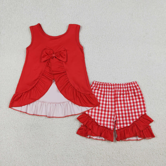 GSSO3009 Chick Fried Chicken Snacks Red Sleeveless Plaid Shorts Girls Sets 202601 RTS