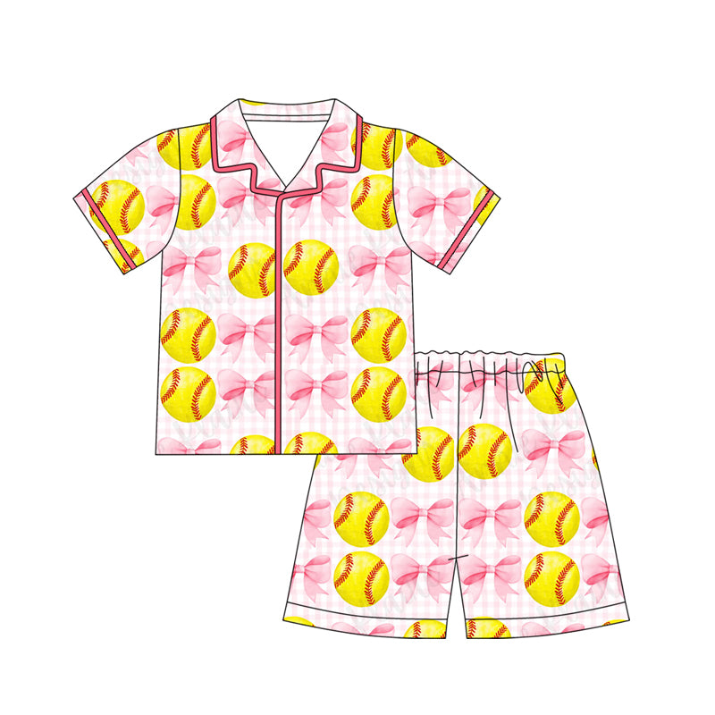 MOQ 5 PCS Preorder GSSO3014 Baseball Bow Pink Plaid Short-Sleeve Shorts Girls Pajama Set 202512