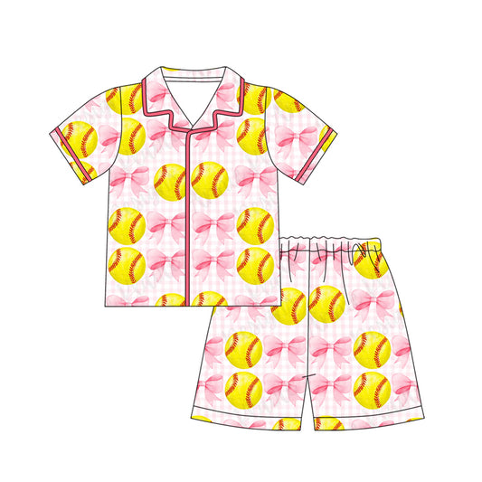 MOQ 5 PCS Preorder GSSO3014 Baseball Bow Pink Plaid Short-Sleeve Shorts Girls Pajama Set 202512
