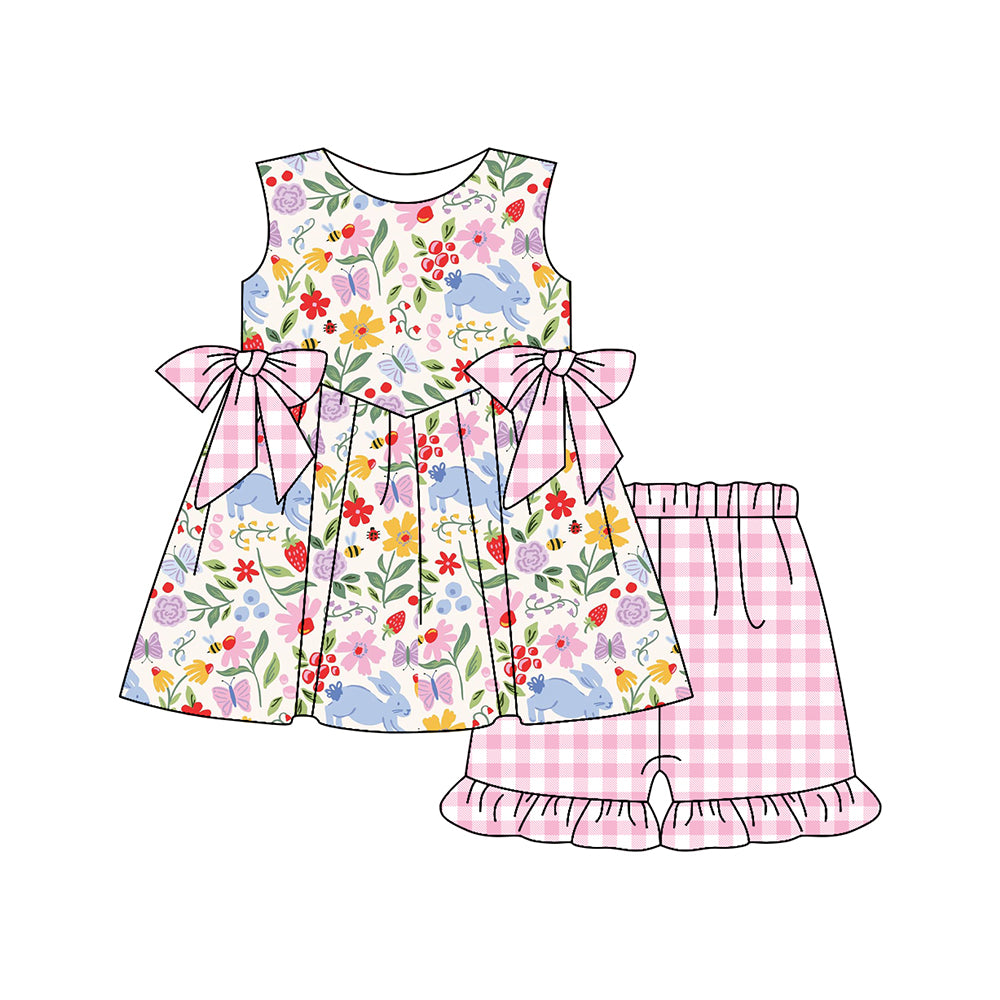 MOQ 5 PCS Preorder GSSO3016 Easter Bunny Flower Pink Plaid Bows Sleeveless Shorts Girls Sets 202512