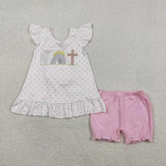 GSSO3018 Easter Cross Sheep Dots Ruffle Flying Sleeve Pink Shorts Girls Sets 202601 RTS