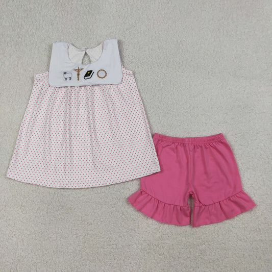 GSSO3019 Embroidered Easter Cross Dots Sleeveless Rose Red Ruffle Shorts Girls Sets 202603 RTS