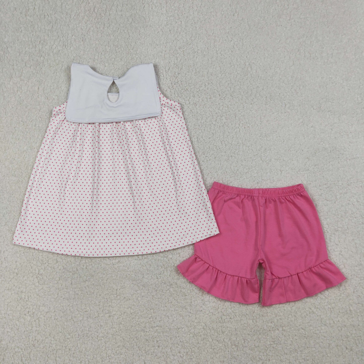 GSSO3019 Embroidered Easter Cross Dots Sleeveless Rose Red Ruffle Shorts Girls Sets 202603 RTS