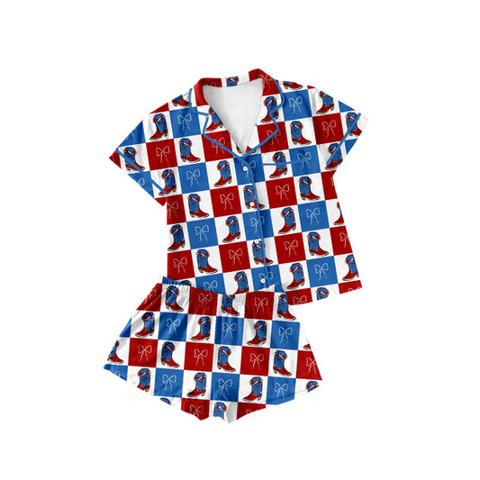MOQ 5 PCS Preorder GSSO3023 Boots Bows Red Blue Plaid Polo Buttons Short Sleeve Shorts Girls Sets 202512