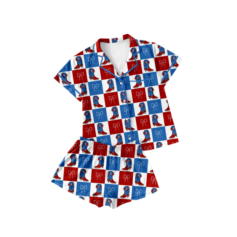 MOQ 5 PCS Preorder GSSO3023 Boots Bows Red Blue Plaid Polo Buttons Short Sleeve Shorts Girls Sets 202512