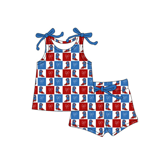 MOQ 5 PCS Preorder GSSO3024 Boots Bows Red Blue Plaid Sleeveless Shorts Girls Sets 202512
