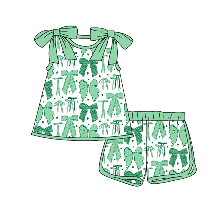 MOQ 5 PCS Preorder GSSO3028 Green Bows Sleeveless Shorts Girls Sets 202512