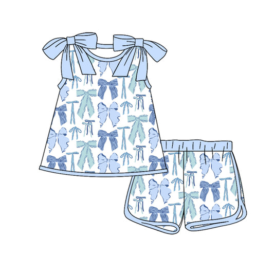 MOQ 5 PCS Preorder GSSO3029 Blue Bows Sleeveless Shorts Girls Sets 202512