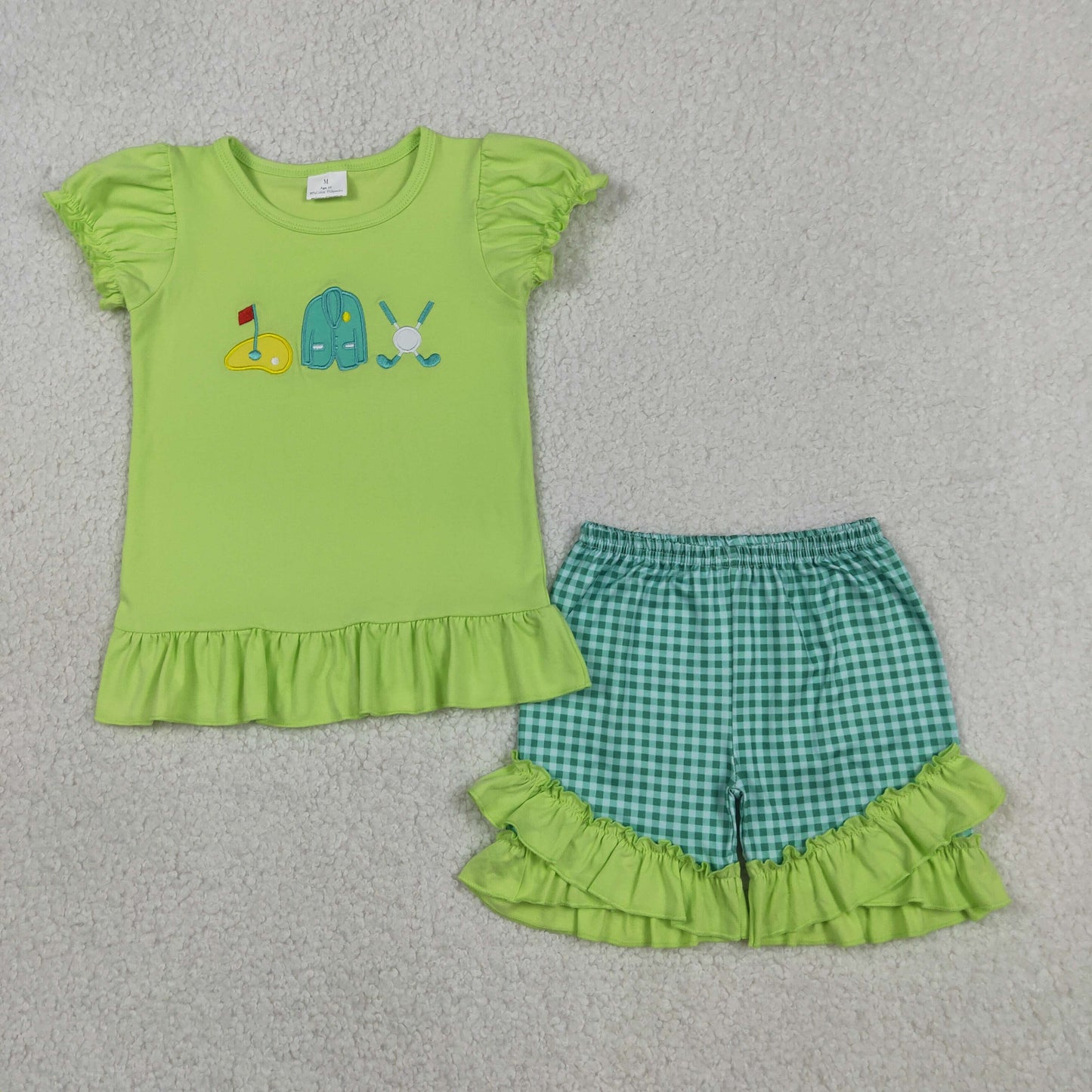 GSSO3033 Embroidered Golf Yellow Green Short Sleeve Plaid Ruffle Shorts Girls Sets 202604 RTS