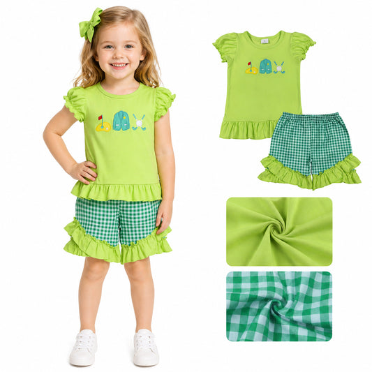 GSSO3033 Embroidered Golf Yellow Green Short Sleeve Plaid Ruffle Shorts Girls Sets 202604 RTS
