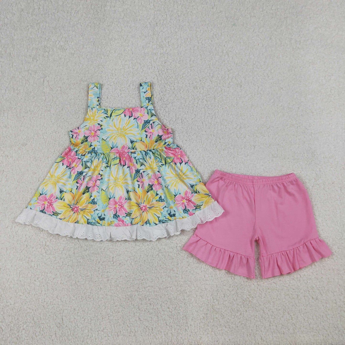 GSSO3034 Flower Lace Ruffle Sleeveless Pink Ruffle Shorts Girls Sets 202604 RTS