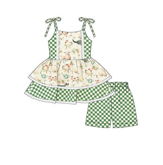 MOQ 5 PCS Preorder GSSO3037 Farm Chick Pig Green Plaid Ruffle Sleeveless Shorts Girls Sets 202512