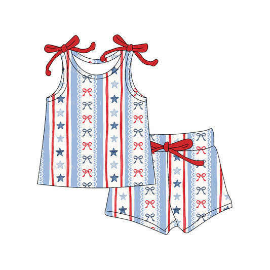MOQ 5 PCS Preorder GSSO3038 4th of July Red Blue Star Bows Sleeveless Shorts Girls Sets 202512