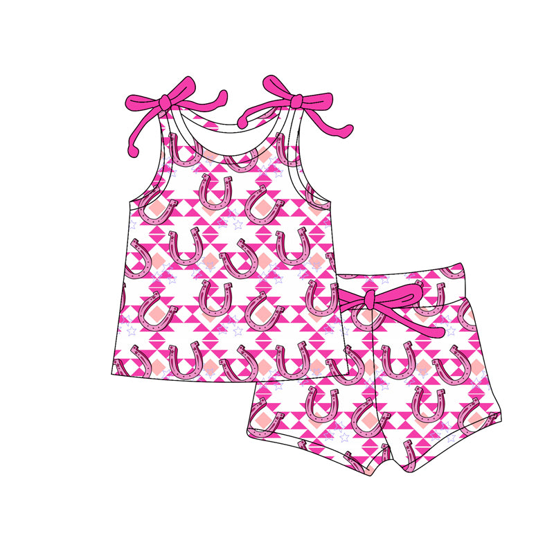 MOQ 5 PCS Preorder GSSO3039 Cowgirl Geometric Pattern Rose Red Sleeveless Shorts Girls Sets 202512
