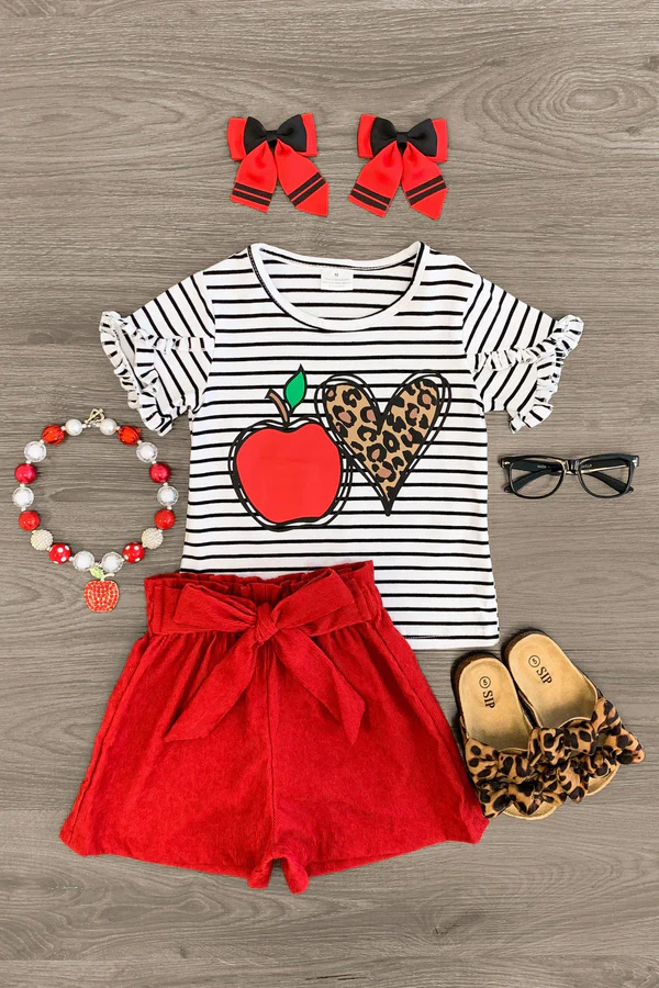 MOQ 5 PCS Preorder GSSO3043 Back to School Apple Stripe Ruffle Short Sleeve Shorts Girls Sets 202512