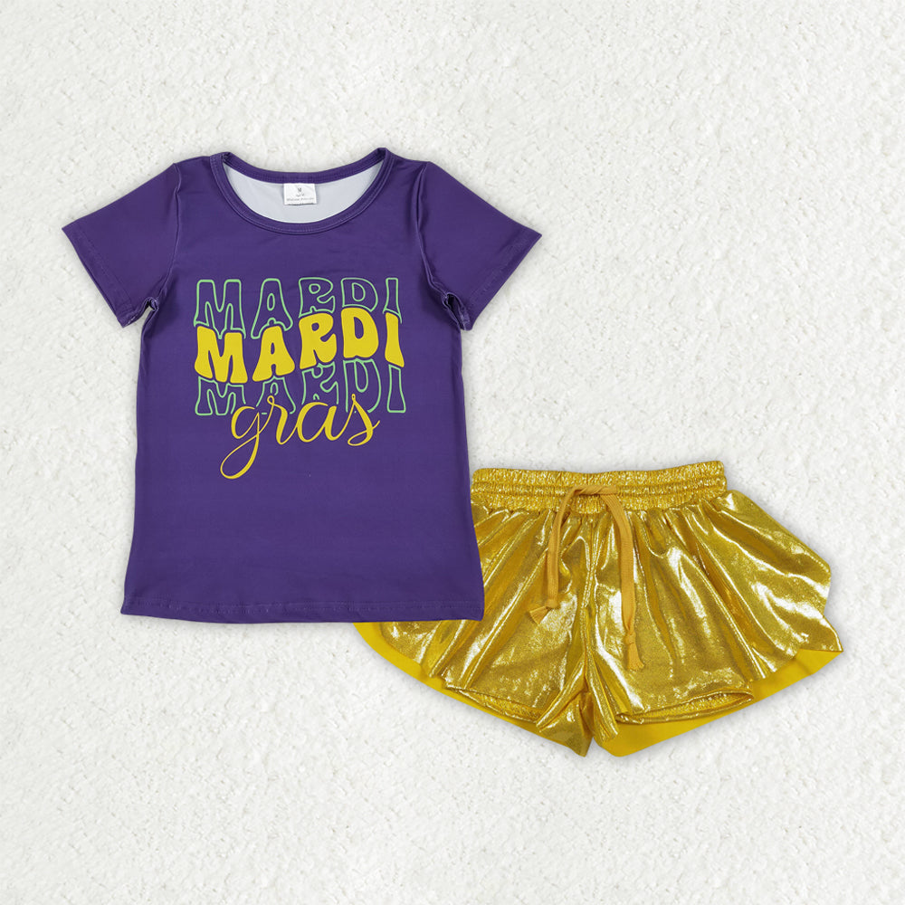 GSSO3044 Mardi Gras Purple Short Sleeve Golden Leather Shorts Girls Sets 202512 RTS