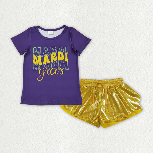 GSSO3044 Mardi Gras Purple Short Sleeve Golden Leather Shorts Girls Sets 202512 RTS