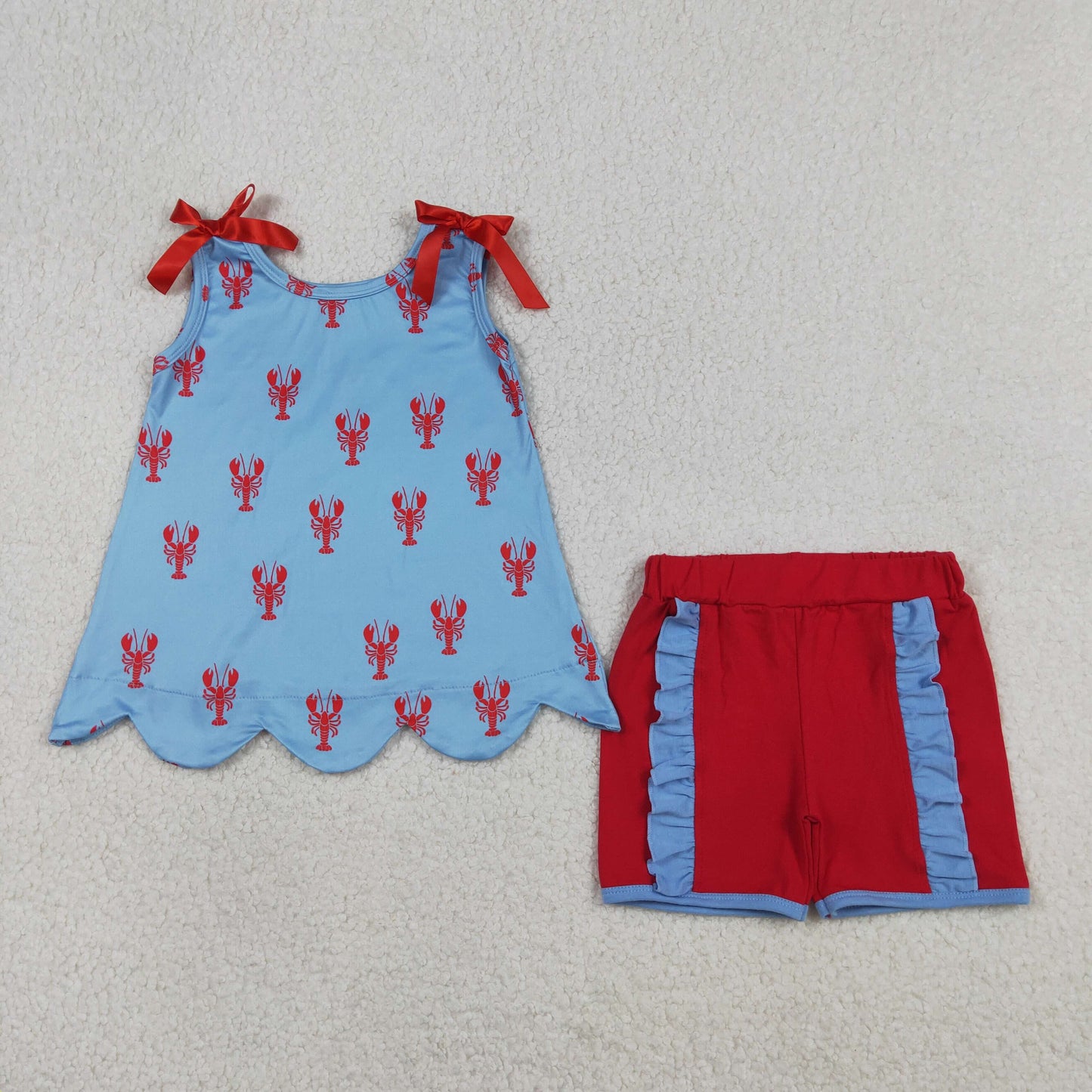 GSSO3050 Red Crayfish Pattern Blue Sleeveless Shorts Girls Sets 202603 RTS