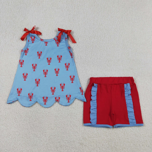 GSSO3050 Red Crayfish Pattern Blue Sleeveless Shorts Girls Sets 202603 RTS