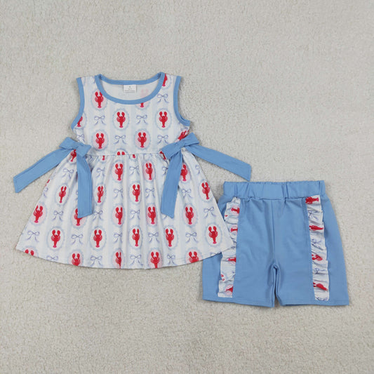 GSSO3051 Crayfish Bows Blue Sleeveless Shorts Girls Sets 202601 RTS
