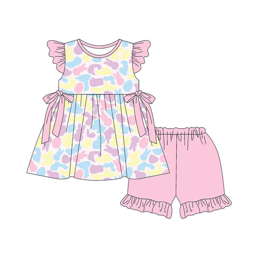 MOQ 5 PCS Preorder GSSO3053 Easter Colored Camouflage Bunny Pink Flying Sleeve Shorts Girls Sets 202512