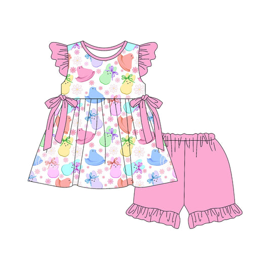 MOQ 5 PCS Preorder GSSO3054 Easter Colored Bunny Chick Flower Pink Flying Sleeve Shorts Girls Sets 202512