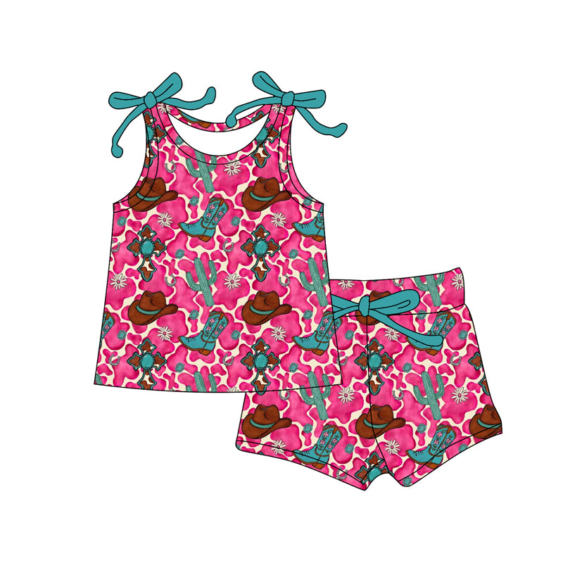 MOQ 5 PCS Preorder GSSO3057 Cowgirl Cactus Hat Boots Rose Red Sleeveless Shorts Girls Pajama Set 202512