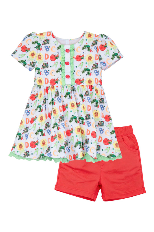 MOQ 5 PCS Preorder GSSO3060 Back to School ABC Apple Caterpillar White Short Sleeve Red Shorts Girls Sets 202512