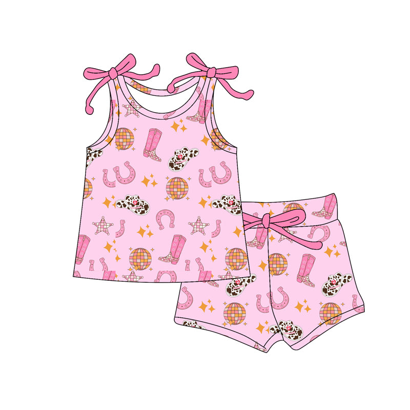 MOQ 5 PCS Preorder GSSO3065 Cowgirl Hat Rose Red Sleeveless Shorts Girls Sets 202512