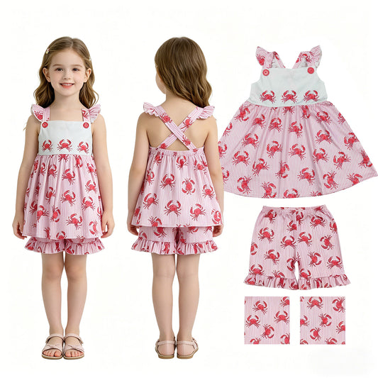 GSSO3066 Crab Stripe Rose Red Flying Sleeve Shorts Girls Sets 202604 RTS