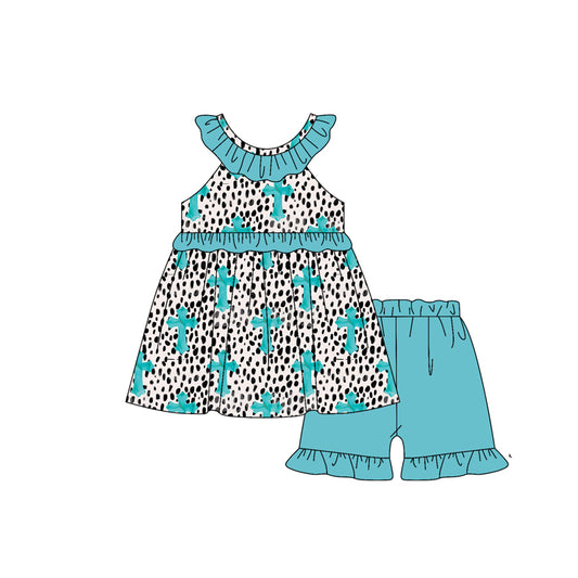 MOQ 5 PCS Preorder GSSO3068 Easter Cross Leopard Blue Green Ruffle Sleeveless Shorts Girls Sets 202512
