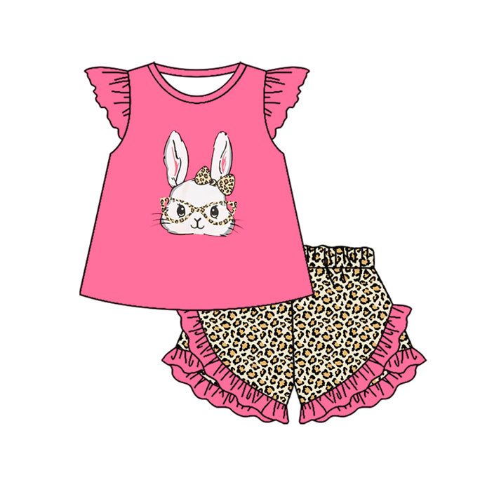 MOQ 5 PCS Preorder GSSO3070 Easter Bunny Leopard Rose Red Ruffle Flying Sleeve Shorts Girls Sets 202512