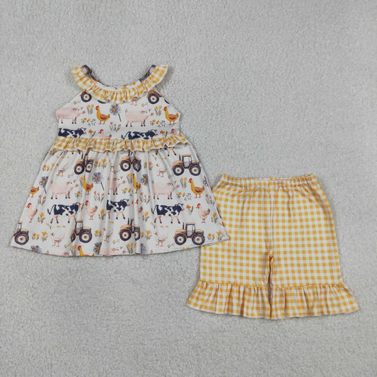 GSSO3071 Farm Animals Yellow Plaid Ruffle Sleeveless Shorts Girls Sets 202604 RTS