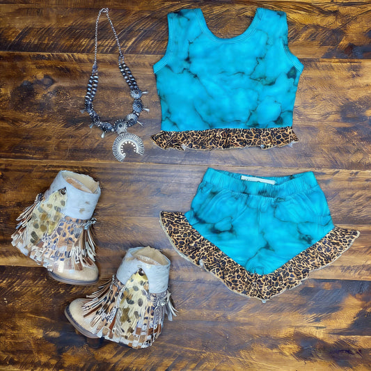 MOQ 5 PCS Preorder GSSO3073 Leopard Ruffle Blue Sleeveless Shorts Girls Sets 202512