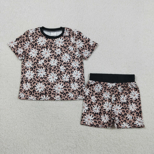 GSSO3079 Flower Leopard Short Sleeve Shorts Girls Sets 202601 RTS